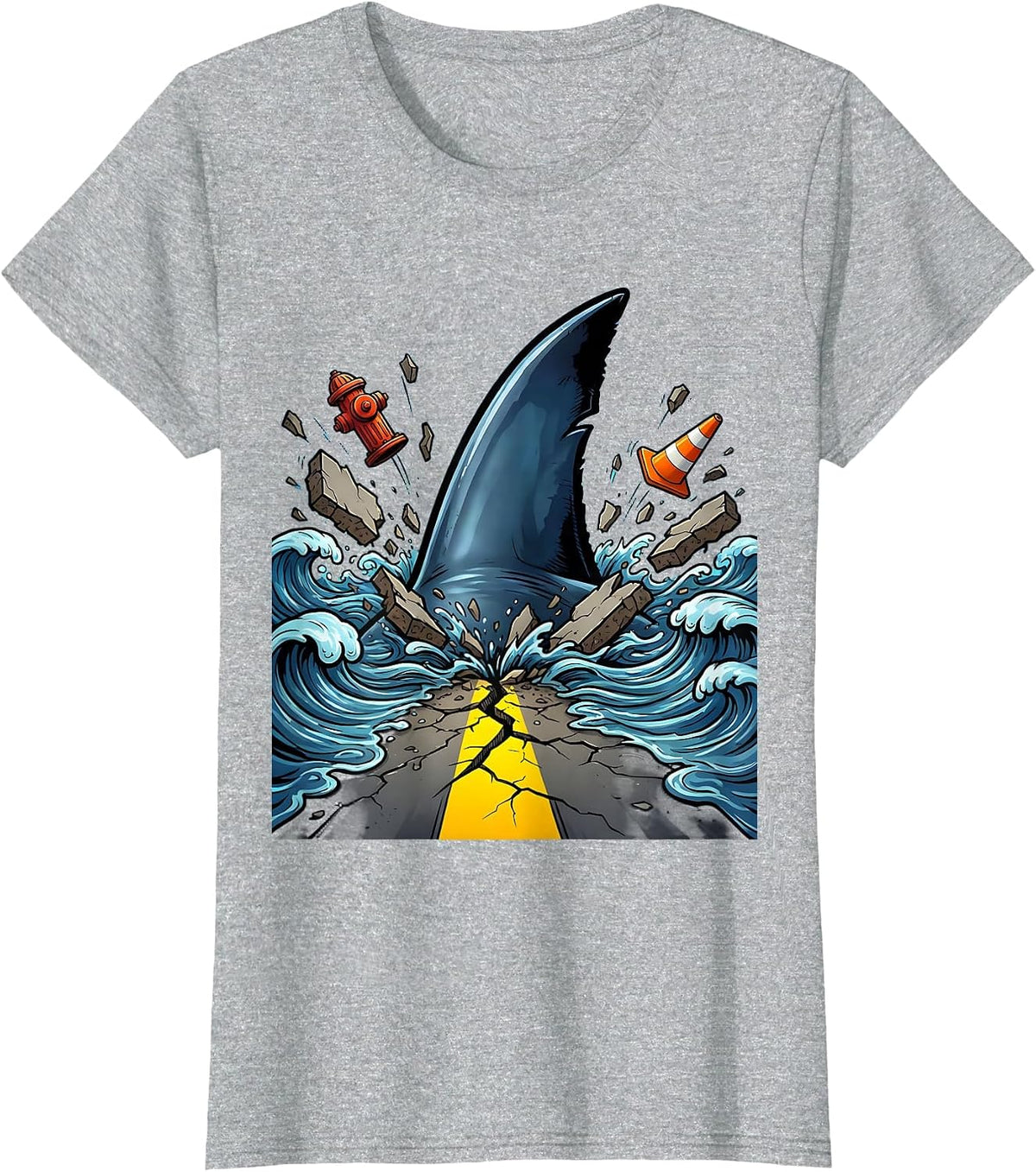 Women's Shark Fin City Street Weird Graphic Tee T-Shirt - Heather Grey