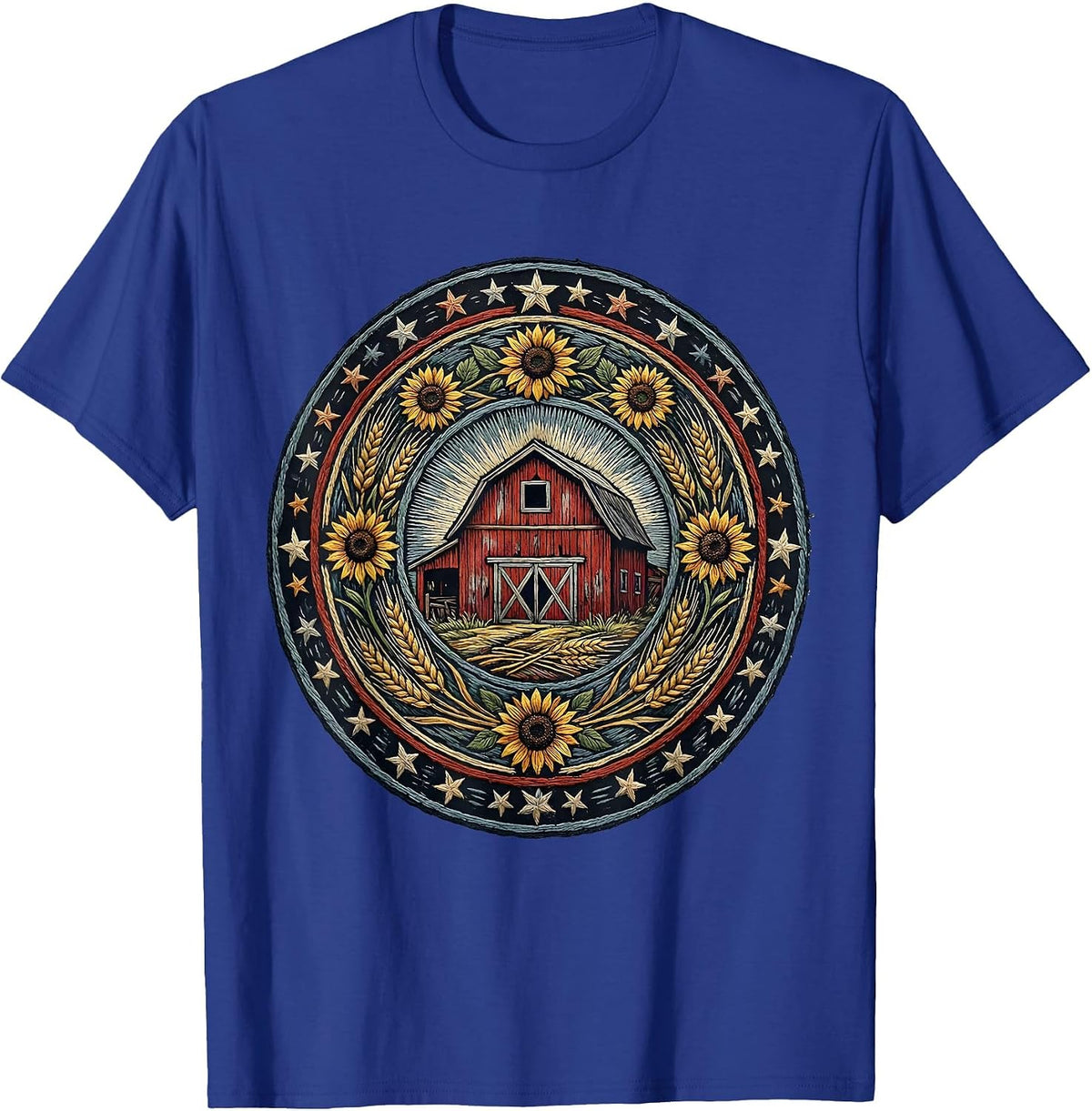 Men's Red Barn Blue Sky Stars Patriotic Country Design T-Shirt - Royal Blue