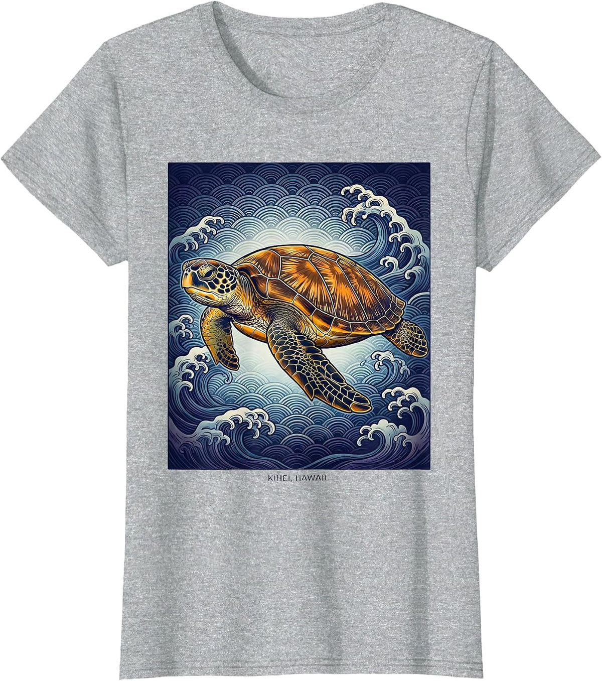 Kihei Hawaii Ukiyo-e Sea Turtle Beach Souvenir Vacation T-Shirt - Heather Grey