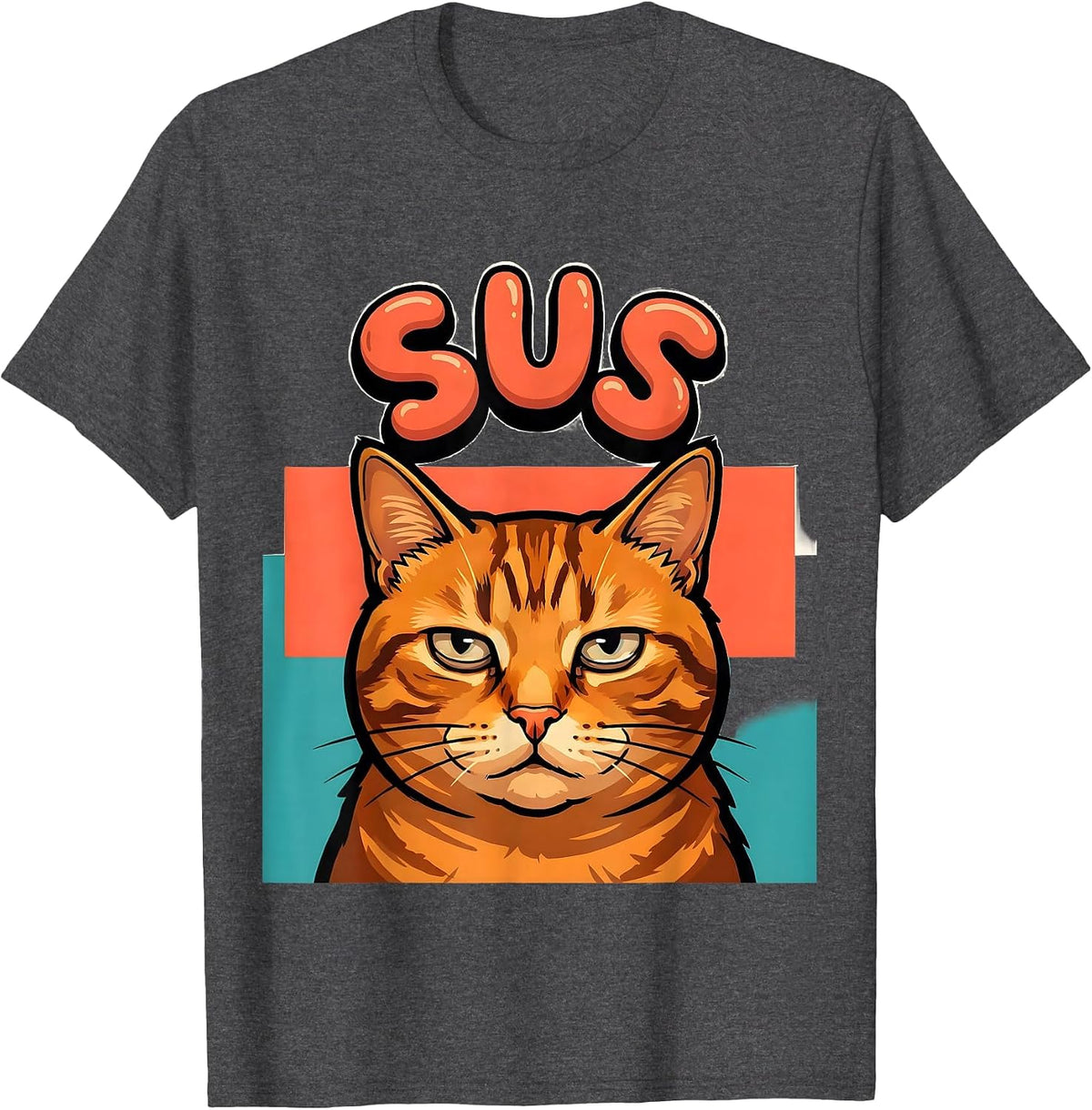 Men's sus Funny Cartoon Orange Tabby Cat Meme Internet Humor T-Shirt - Dark Heather Grey