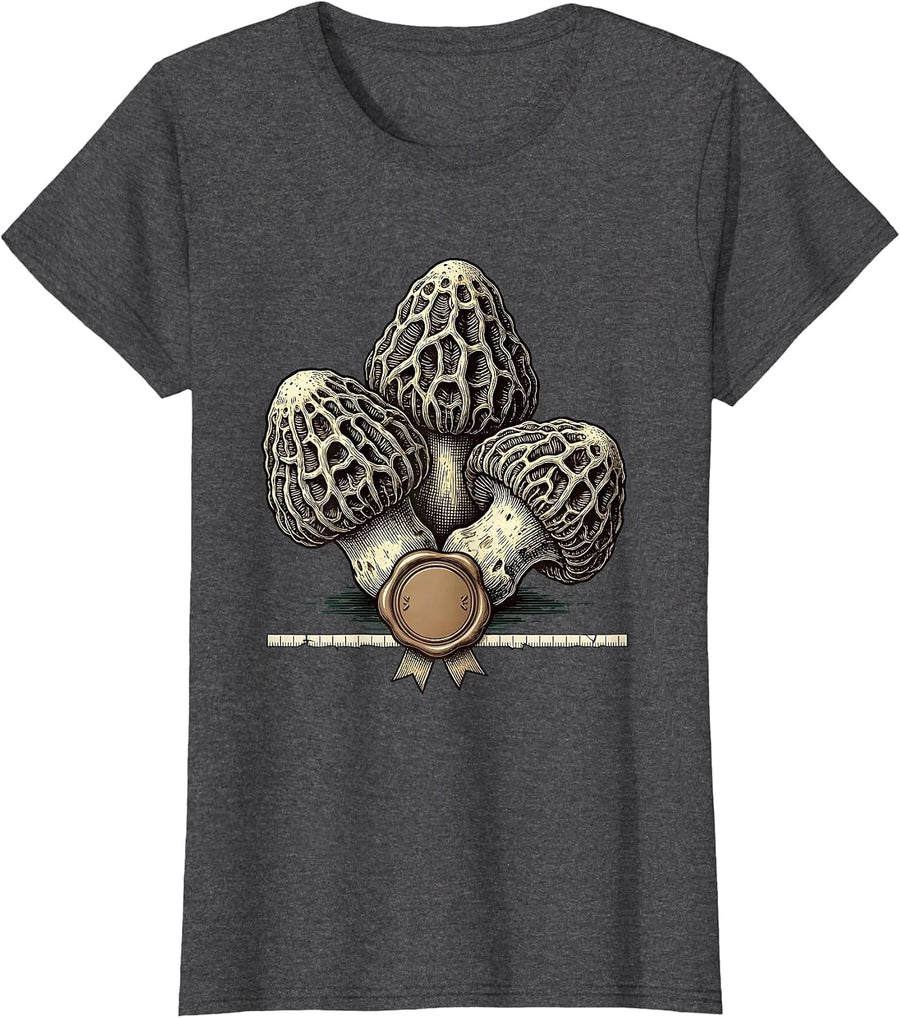 Women's Morel Cluster Crosshatch Engraved Wax-Seal Funny Forager T-Shirt - Dark Heather Grey