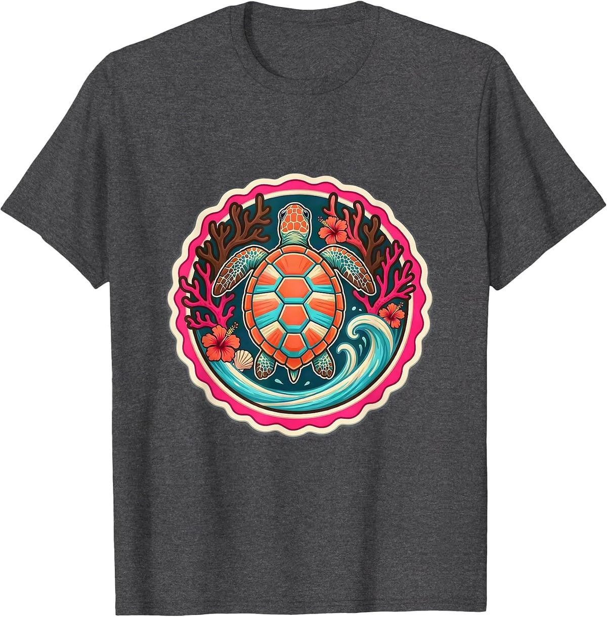 Men's Puerto Rico Sea Turtle Coral Reef Illustration T-Shirt - Dark Heather Grey