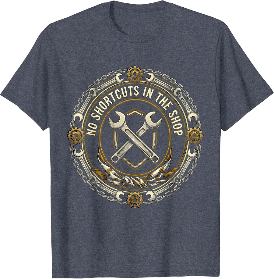 No Shortcuts in the Shop Mechanic Design T-Shirt - Heather Blue