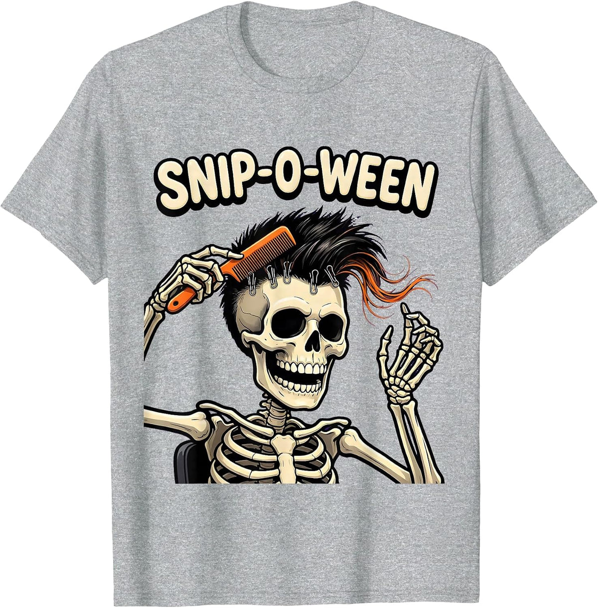 Men's Snip-o-Ween Cartoon Skeleton Hairstylist Halloween Barber T-Shirt - Heather Grey