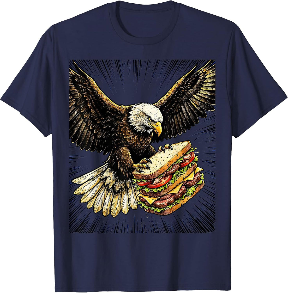 Men's Eagle Carrying Giant Sandwich Funny Bird Art T-Shirt - Navy Blue