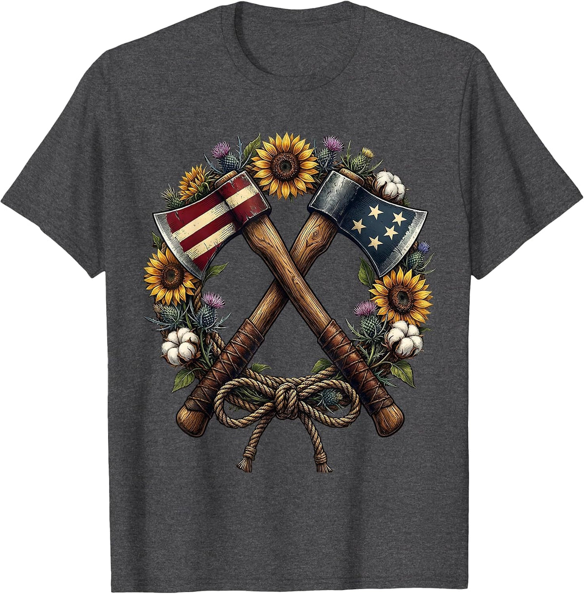 Red White and Blue Crossed Axes Floral Wreath Design T-Shirt - Dark Heather Grey