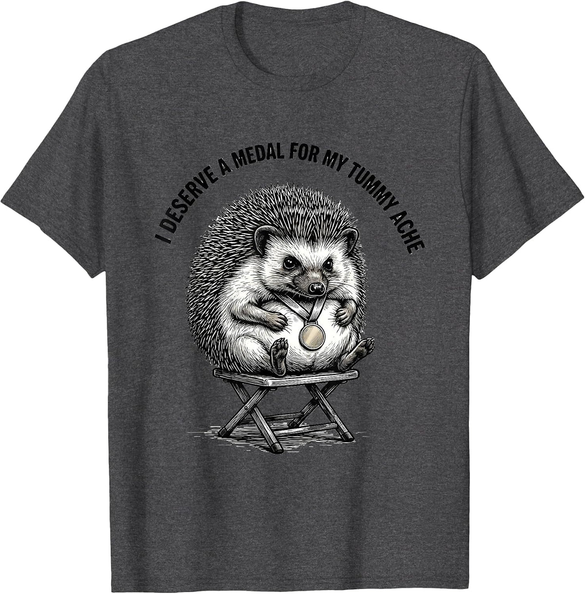 I Deserve A Medal For My Tummy Ache Funny Hedgehog Meme T-Shirt - Dark Heather Grey