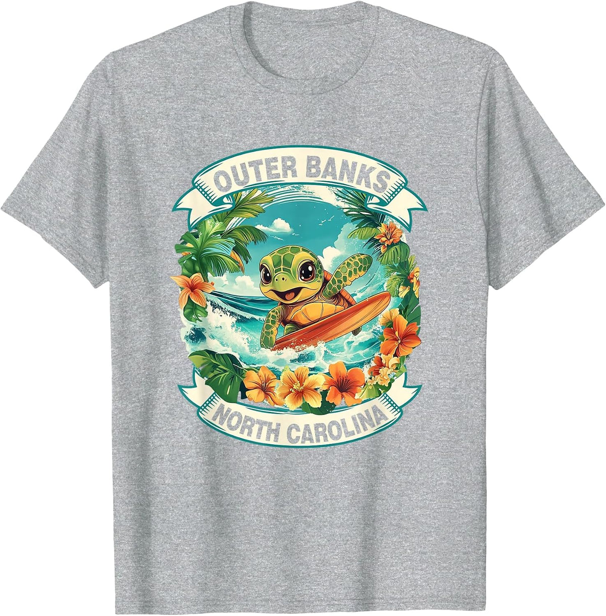 Outer Banks North Carolina Cute Sea Turtle Surfing Summer T-Shirt - Heather Grey