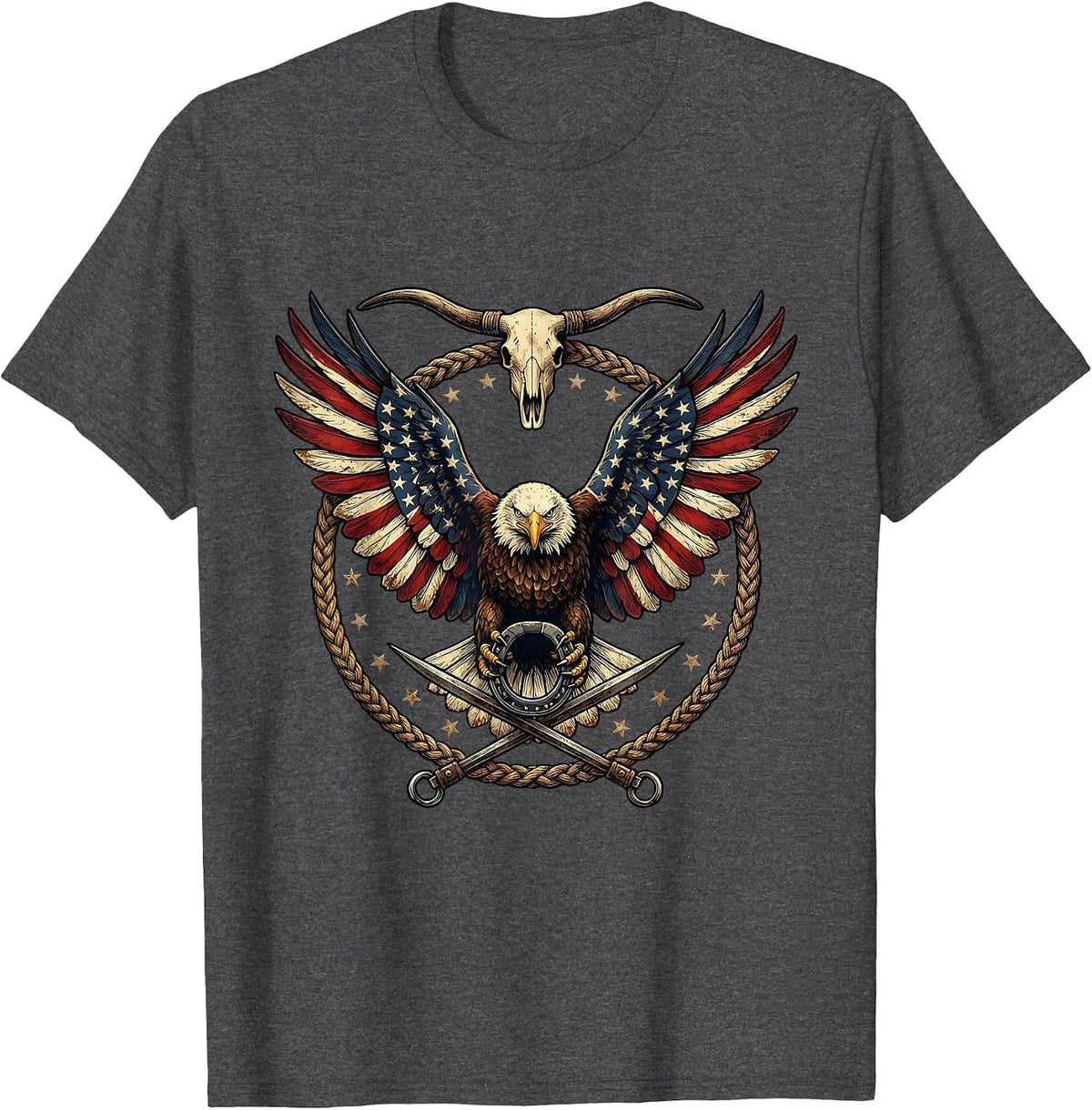 Eagle Soaring American Flag Draped Wings T-Shirt - Dark Heather Grey