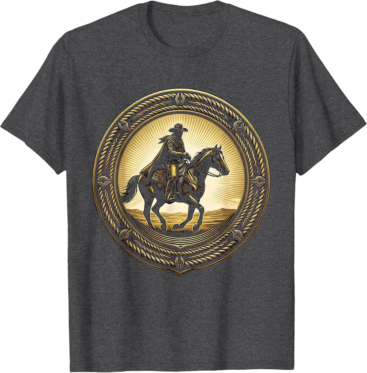 Men's Lone Cowboy Riding Horse at Sunset Western Art T-Shirt - Dark Heather Grey