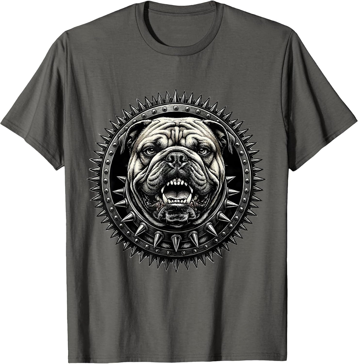 Punk Rock Snarling Bulldog Spiked Collar Graphic T-Shirt - Asphalt Grey