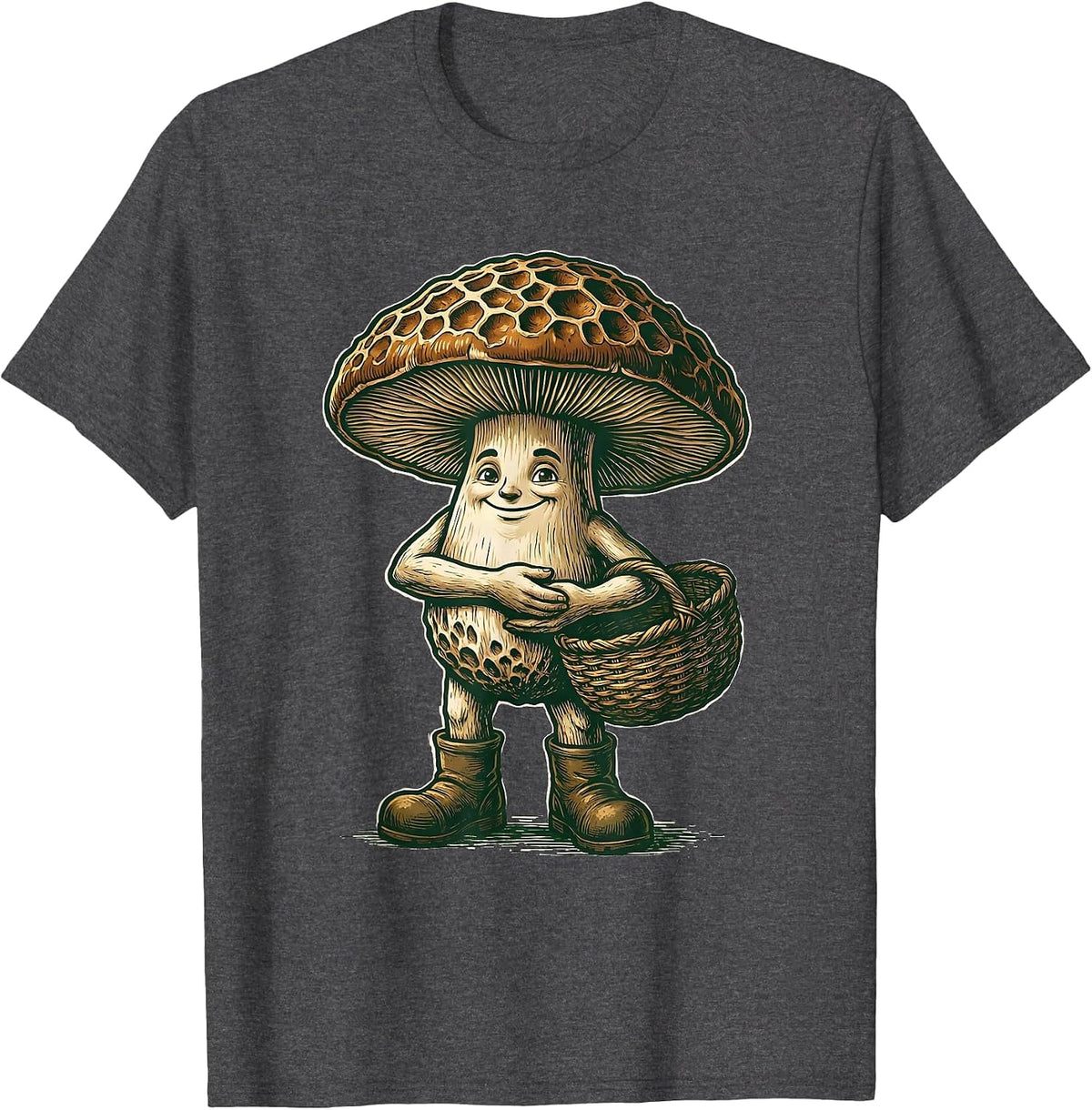 Anthropomorphic Morel Mushroom Forager Humorous Psychedelic T-Shirt - Dark Heather Grey