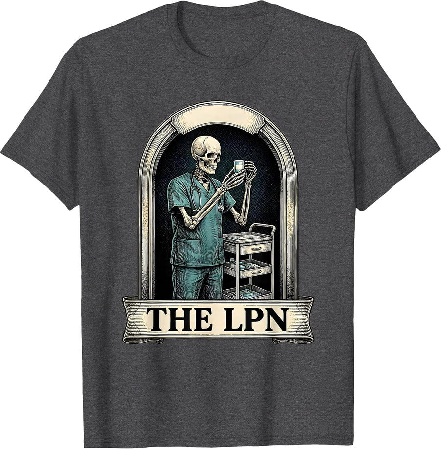 Men's The LPN Skeleton Tarot Card Funny Halloween LPN Gift T-Shirt - Dark Heather Grey