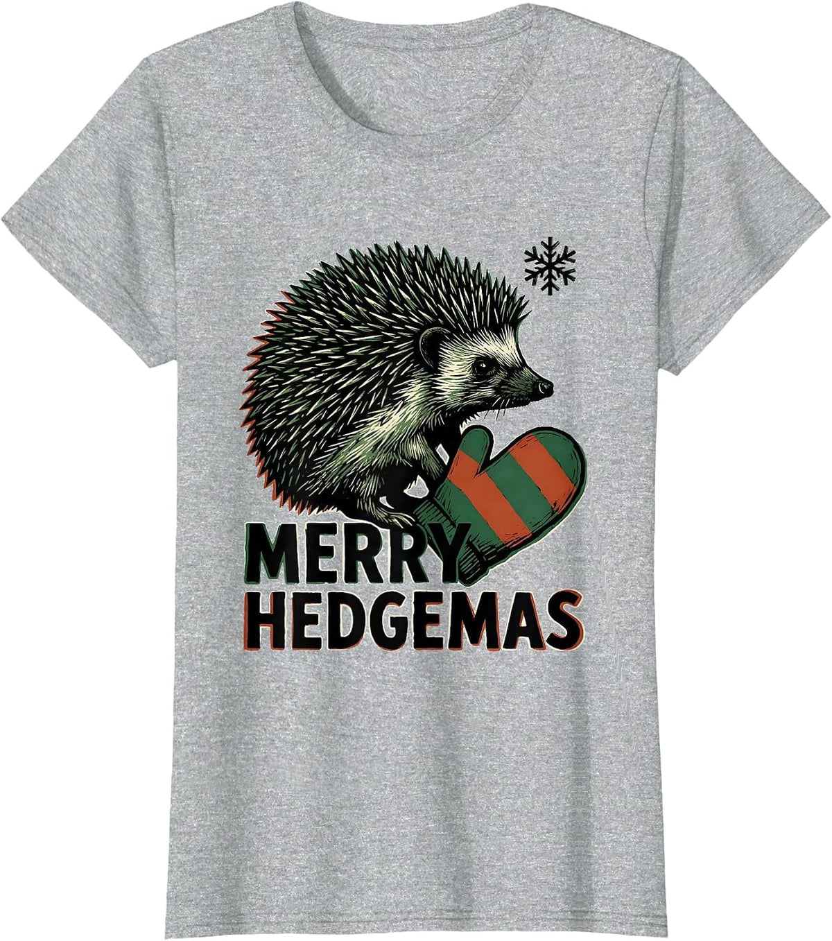 Women's Merry Hedgemas Linocut Hedgehog Christmas Novelty Gift T-Shirt - Heather Grey
