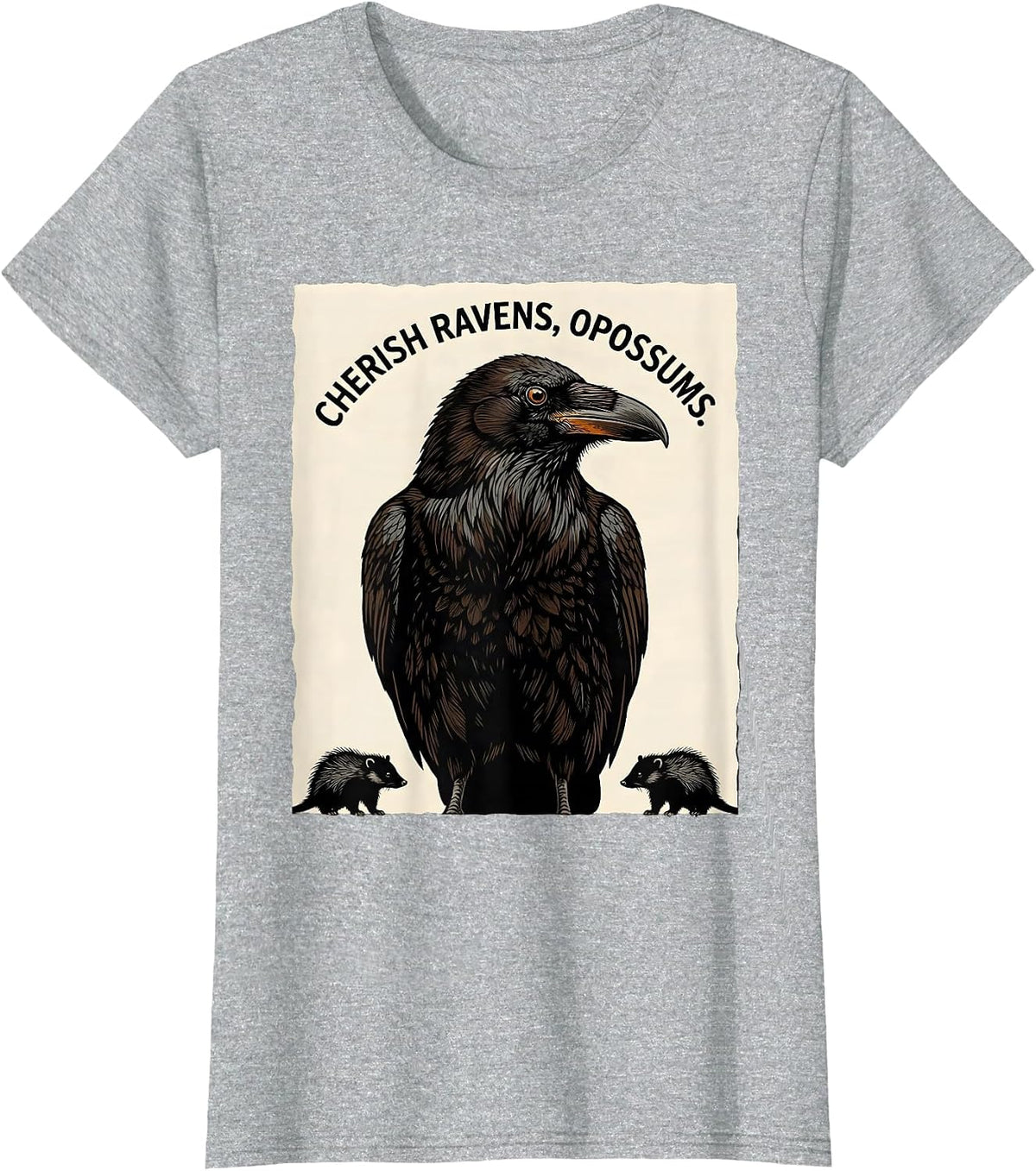 Cherish Ravens Opossums Linocut Nature Lover Misunderstood T-Shirt - Heather Grey