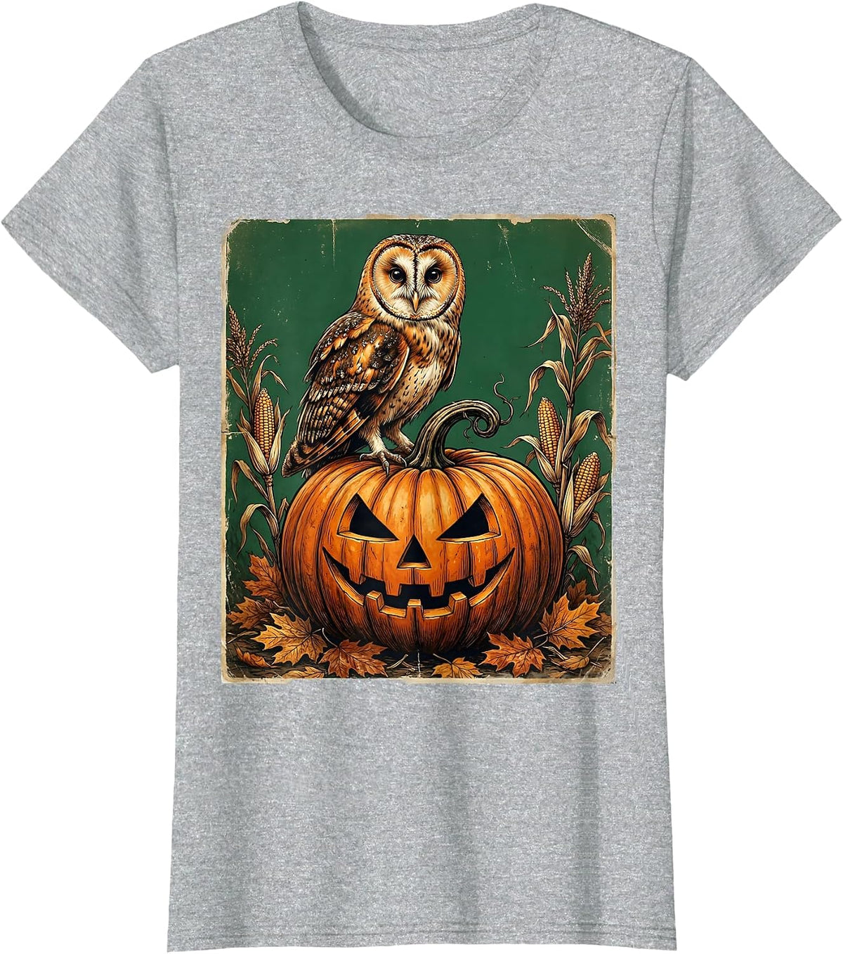 Women's Owl on Glowing Pumpkin Halloween Illustration T-Shirt - Heather Grey