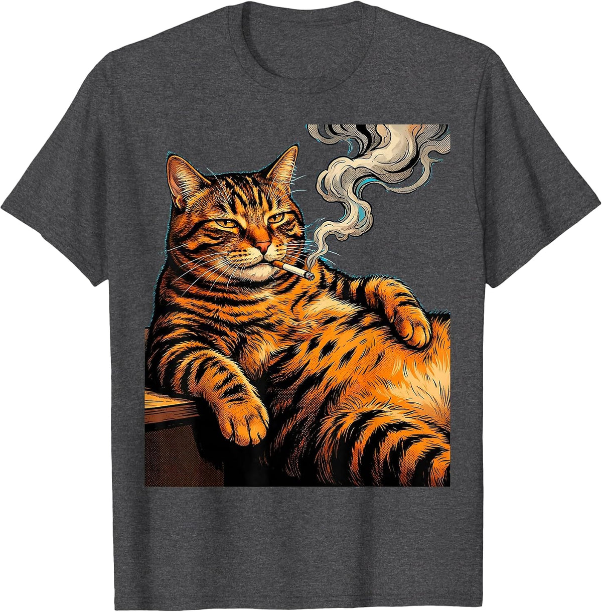 Men's Fat Tabby Cat Lounging With Cigarette Graphic T-Shirt - Dark Heather Grey