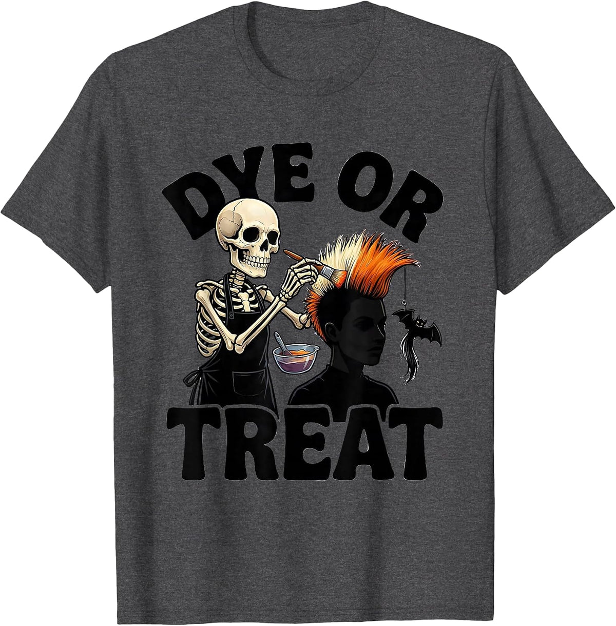 Dye Or Treat Cartoon Skeleton Hairstylist Halloween Barber T-Shirt - Dark Heather Grey