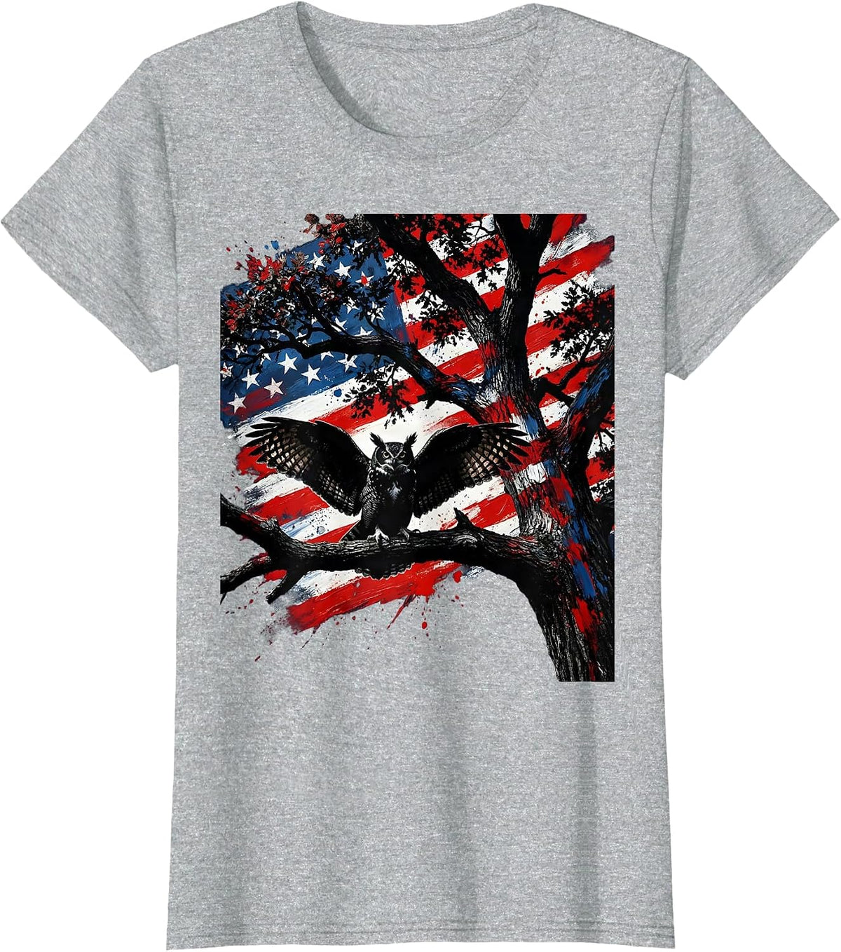 Camo Owl Perched in Oak Tree Illustration T-Shirt - Heather Grey