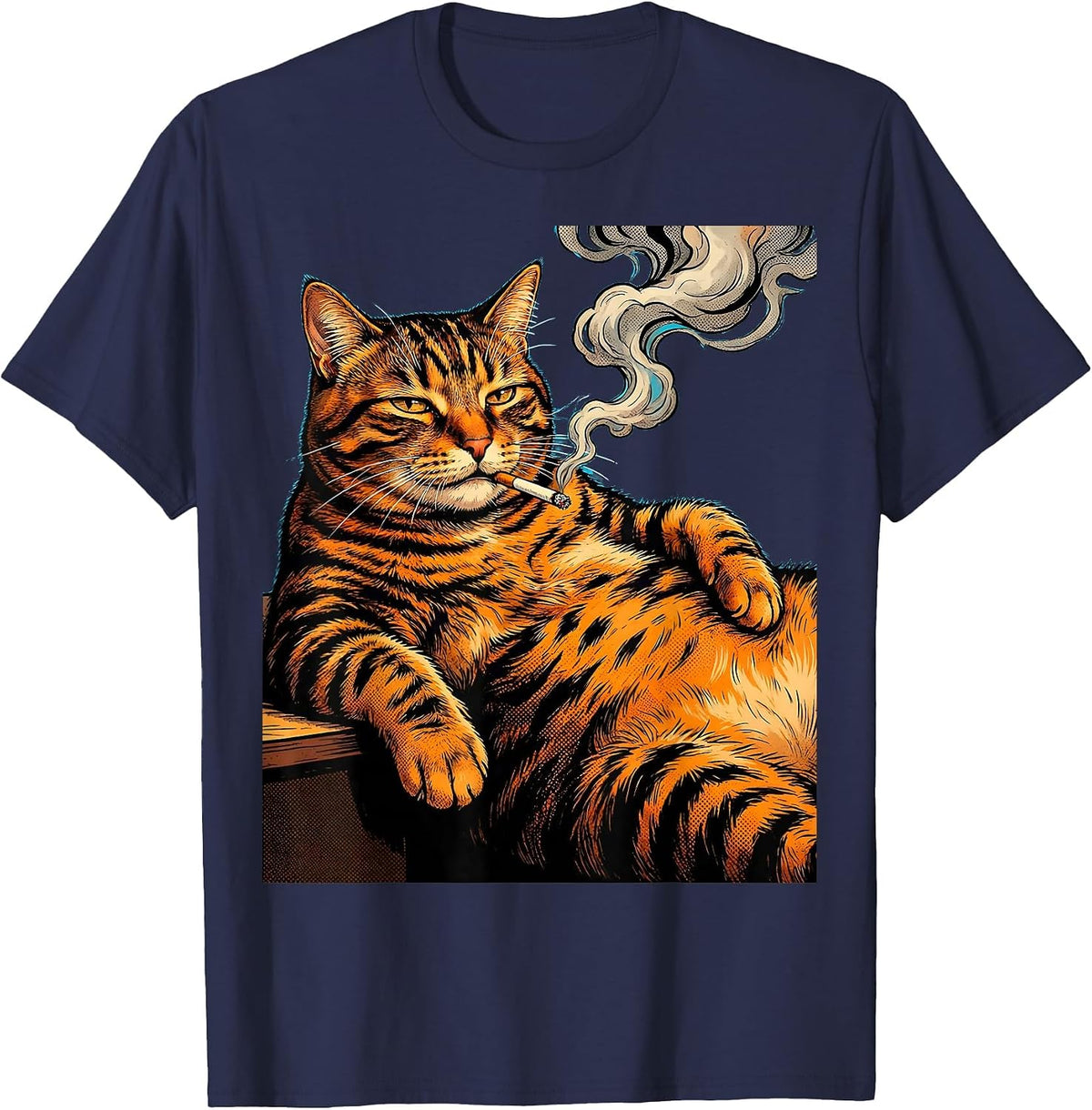 Men's Fat Tabby Cat Lounging With Cigarette Graphic T-Shirt - Navy Blue