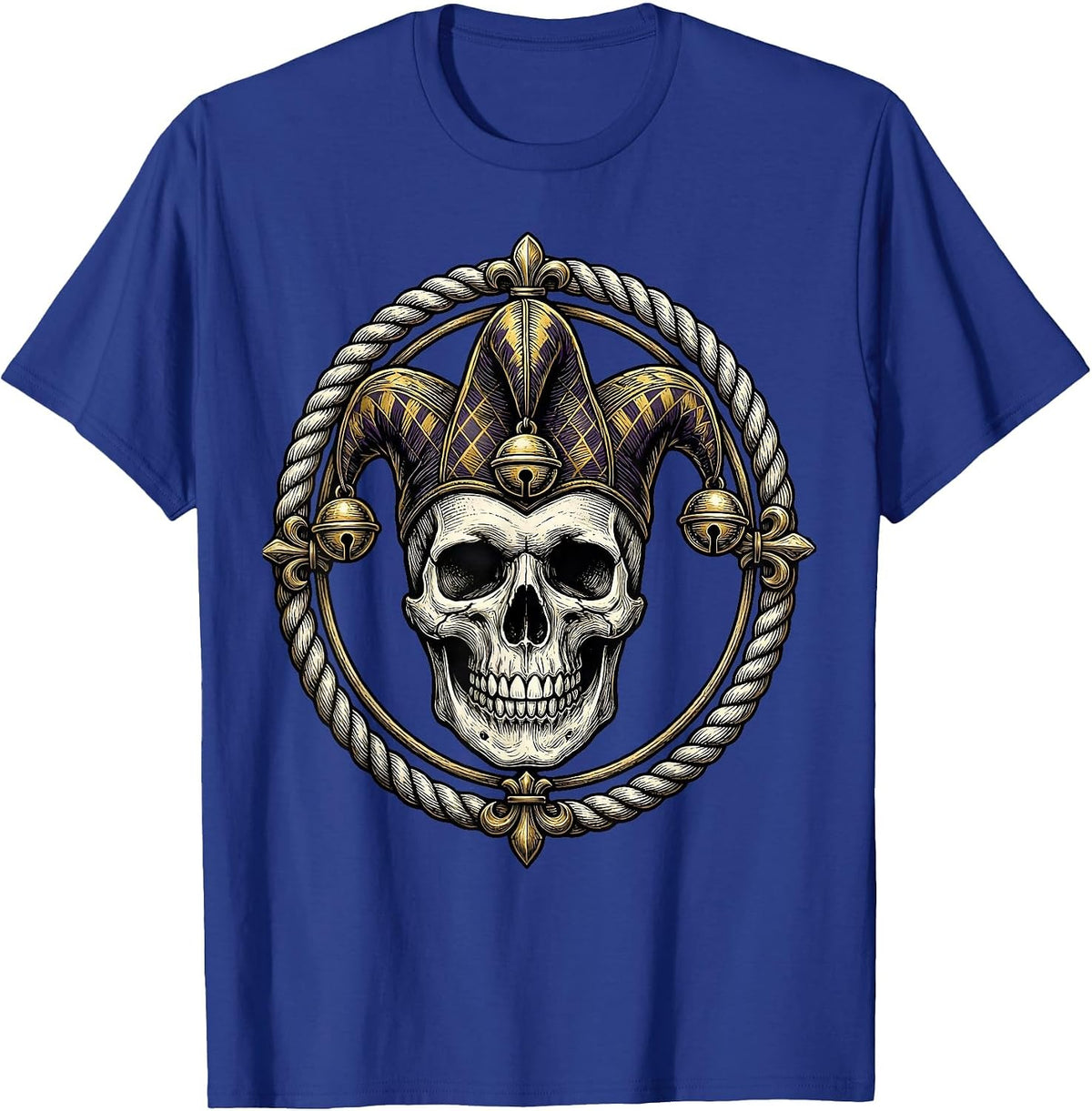 Mardi Gras Jester Skull Three-Pointed Hat T-Shirt - Royal Blue
