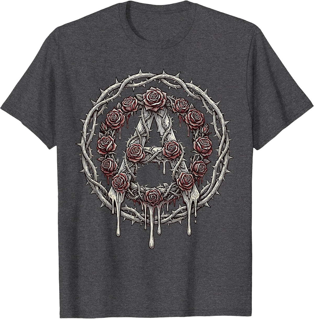 Men's Dripping Rose Anarchy Symbol Punk Art Design T-Shirt - Dark Heather Grey