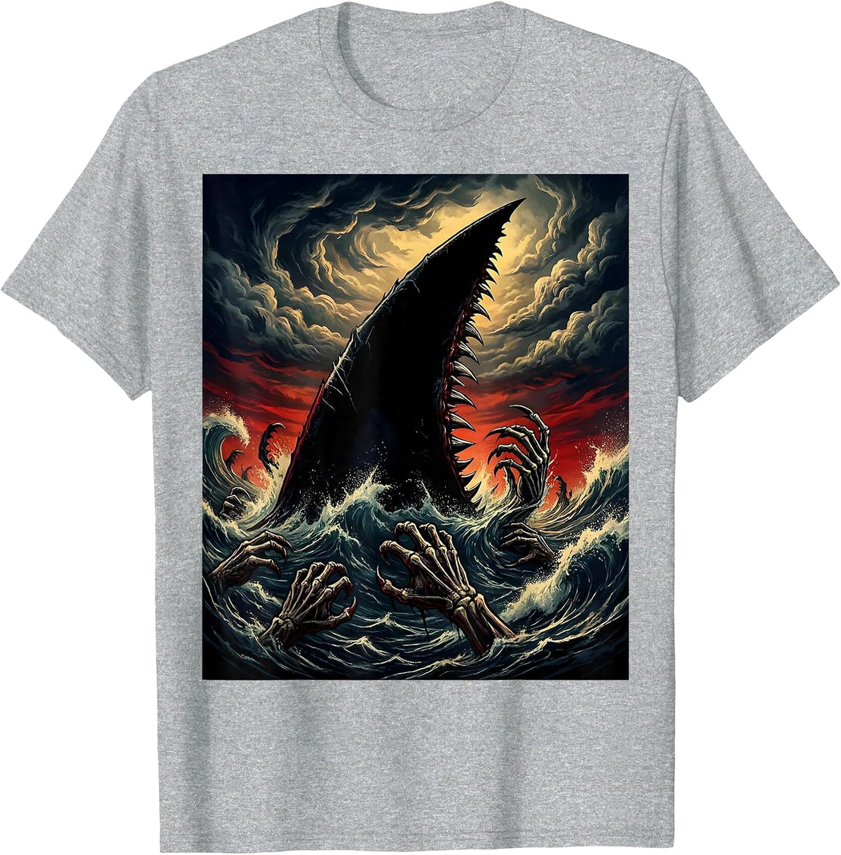 Men's Shark Dorsal Fin Stormy Sunset Illustration T-Shirt - Heather Grey