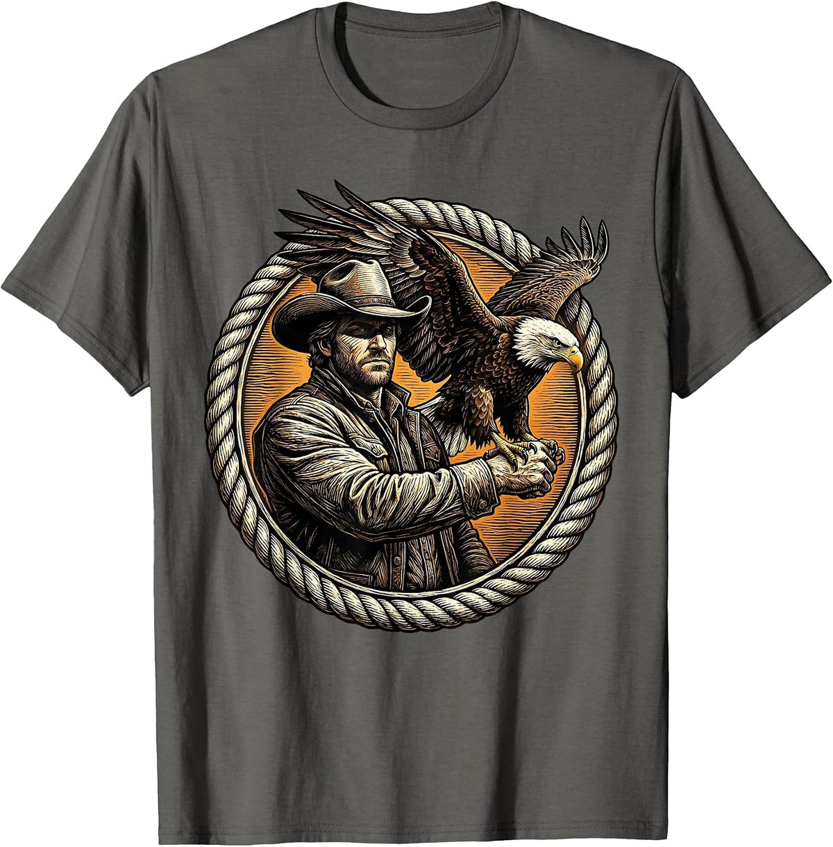 Eagle and Cowboy Outstretched Arm Illustration T-Shirt - Asphalt Grey