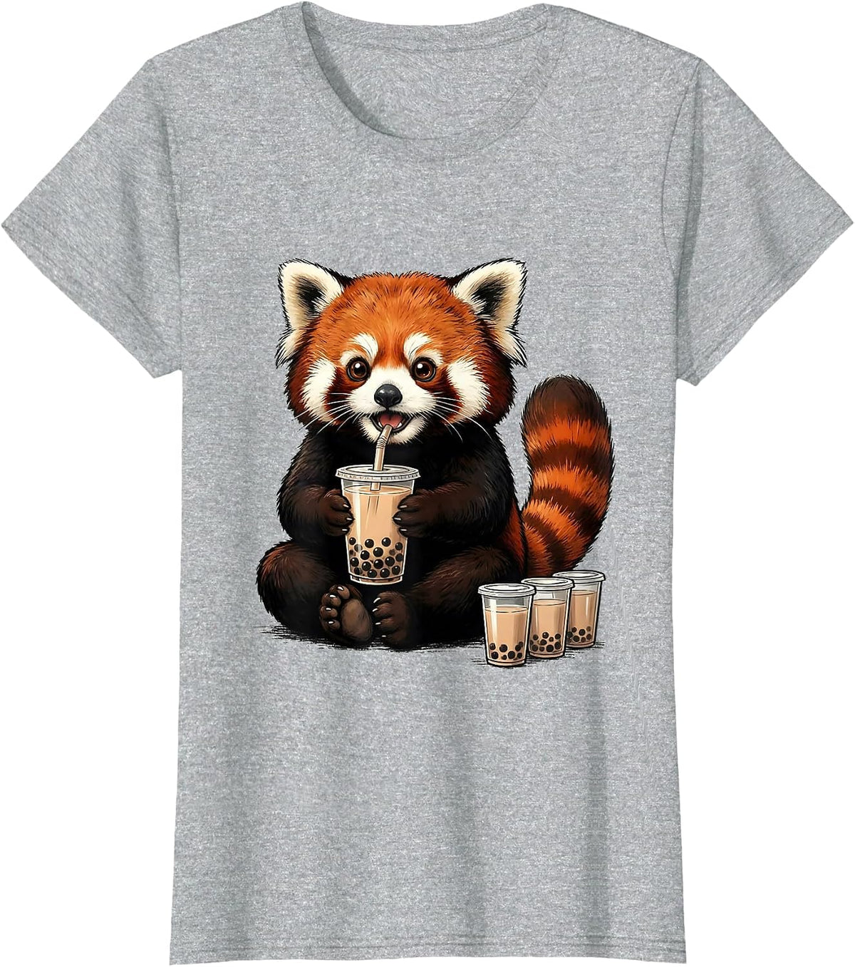 Red Panda Kawaii Bubble Tea Lover Cute Anime T-Shirt - Heather Grey