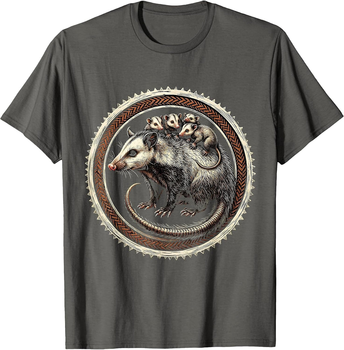 Opossum Mother and Babies Wildlife Illustration T-Shirt - Asphalt Grey