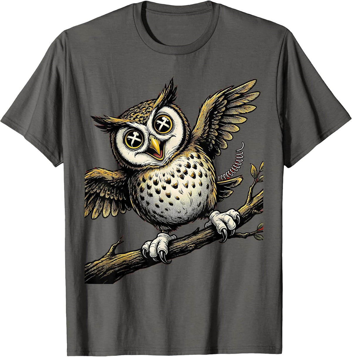 Men's Derpy Cross-Eyed Owl on a Tilted Branch T-Shirt - Asphalt Grey