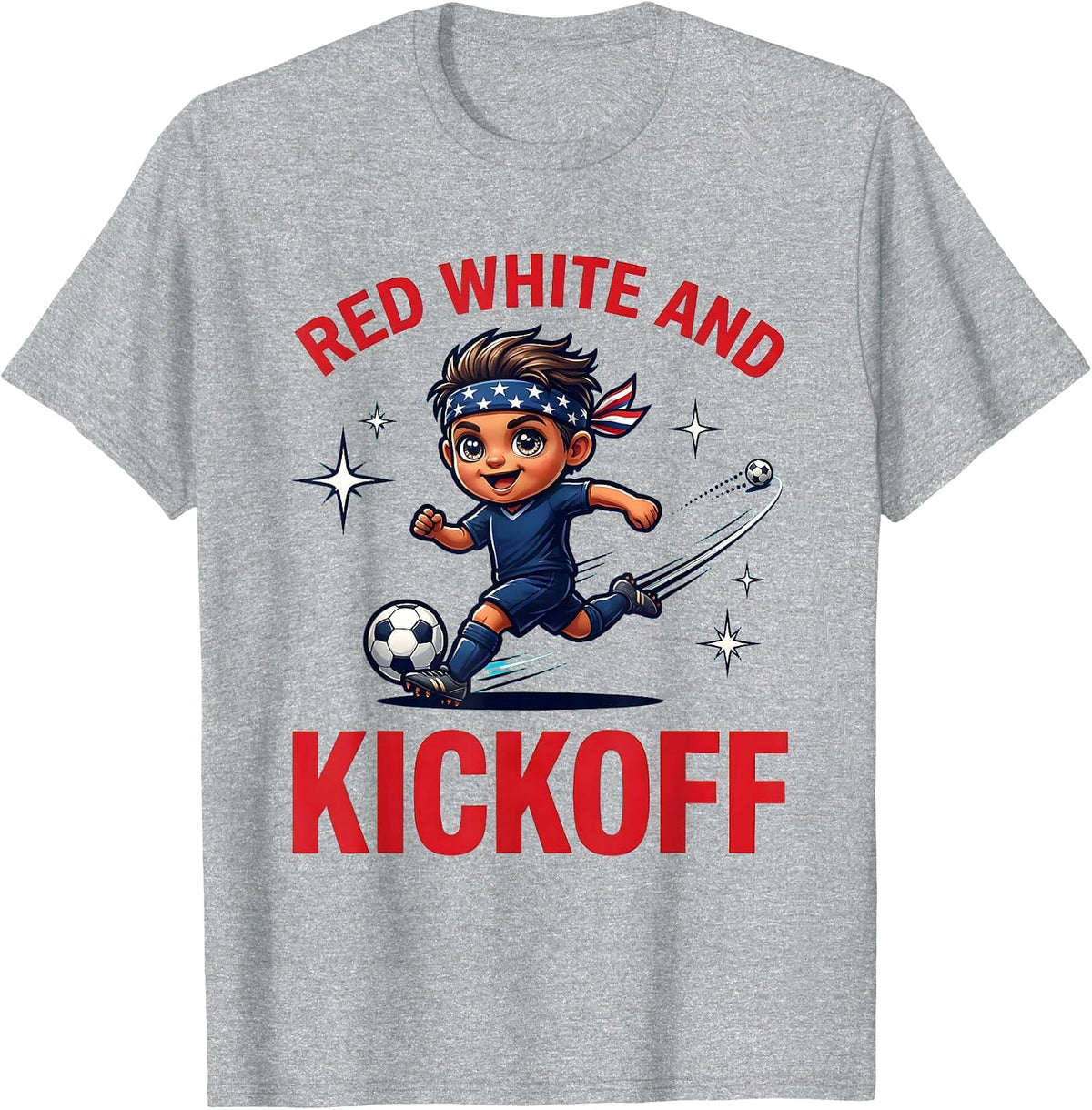 Men's RED WHITE AND KICKOFF Cartoon Soccer Player Labor Day T-Shirt - Heather Grey