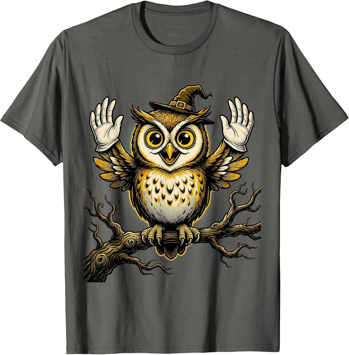 Spooky Owl on Bare Tree Branch Halloween Design T-Shirt - Asphalt Grey
