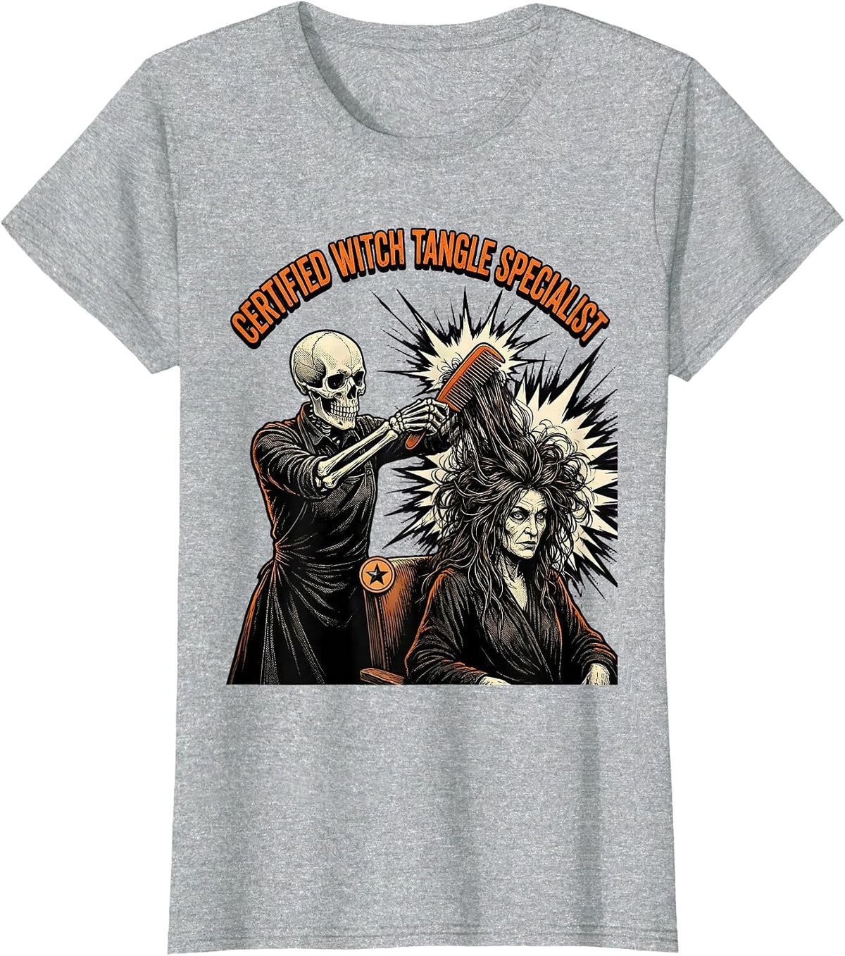 Women's Certified Witch Tangle Specialist Comic Book Skeleton T-Shirt - Heather Grey