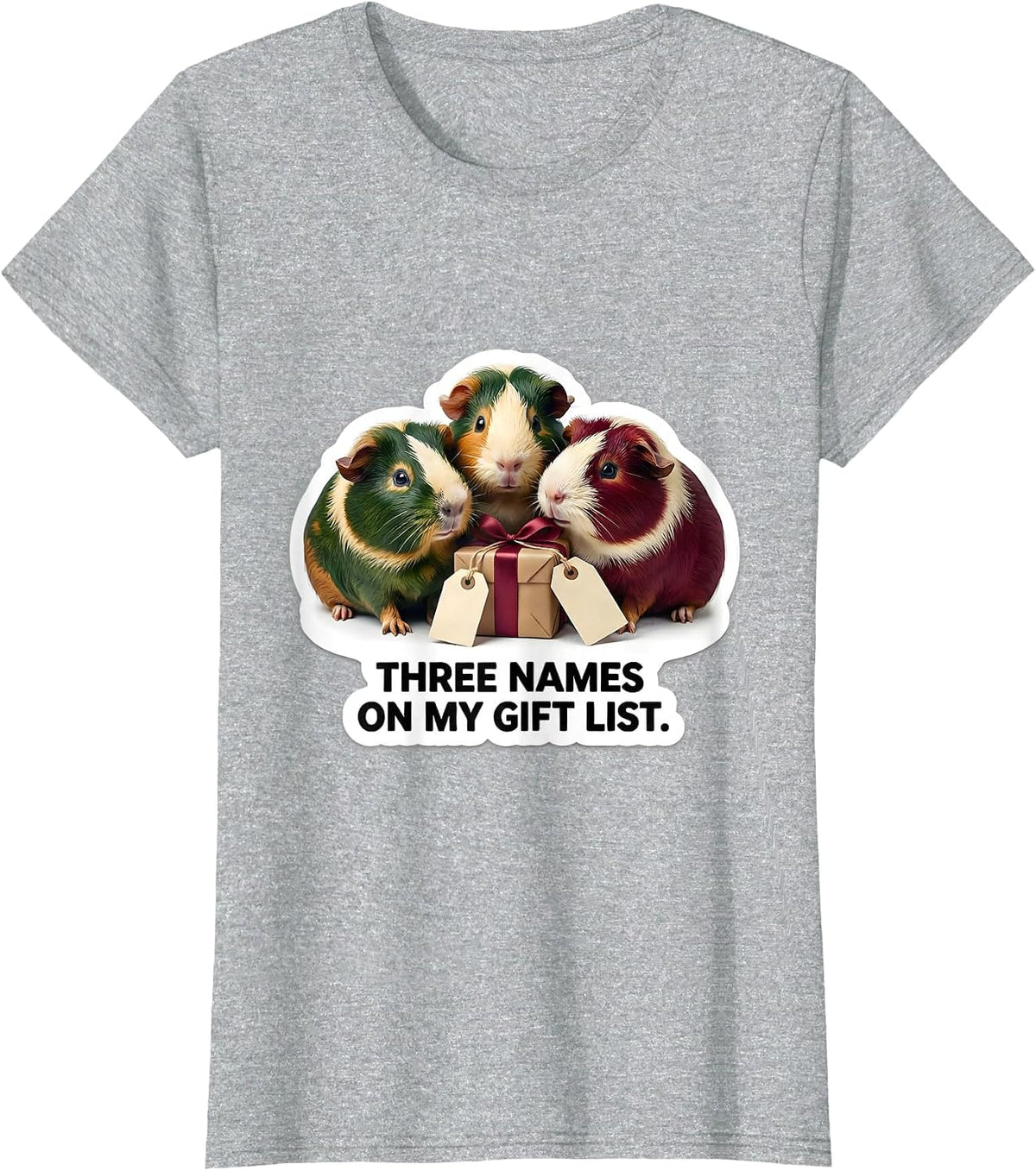 Women's Three Names On My Gift List Funny Guinea Pig Christmas Pet T-Shirt - Heather Grey