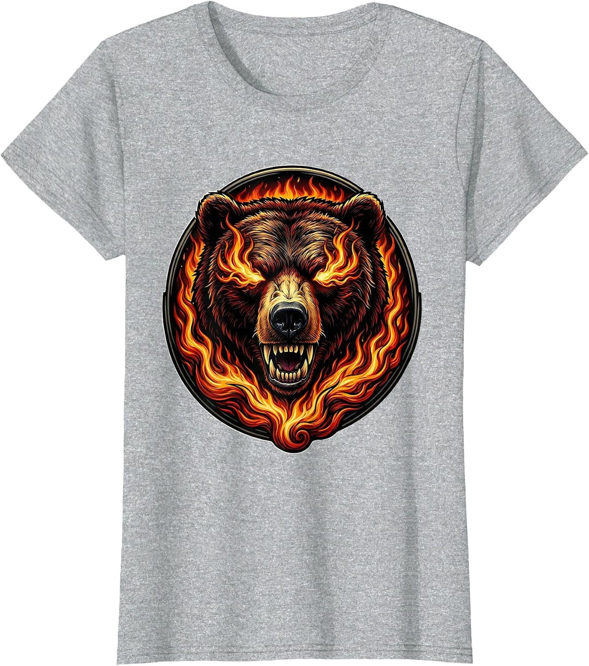 Bear Skull With Fire Pouring From Eyes T-Shirt - Heather Grey