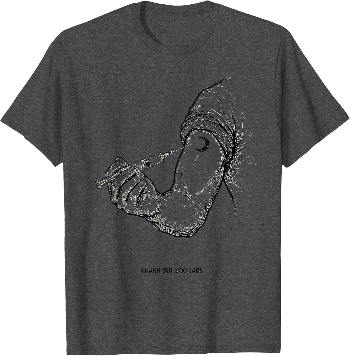 I Hand Out Boo Jabs Funny Nurse Ghost Halloween Vaccine T-Shirt - Dark Heather Grey