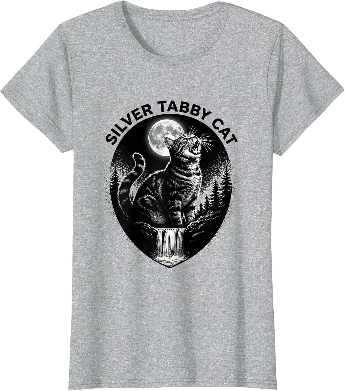 Women's Silver Tabby Cat Howling at Moon 90's Retro T-Shirt - Heather Grey