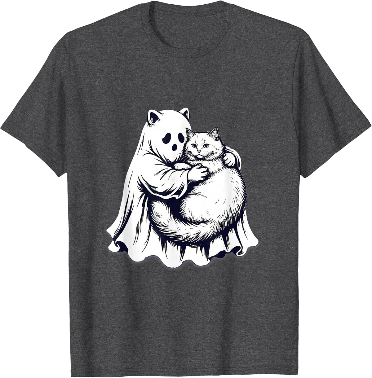 Men's Cute Ghost Hugging Fluffy Tabby Cat Illustration T-Shirt - Dark Heather Grey