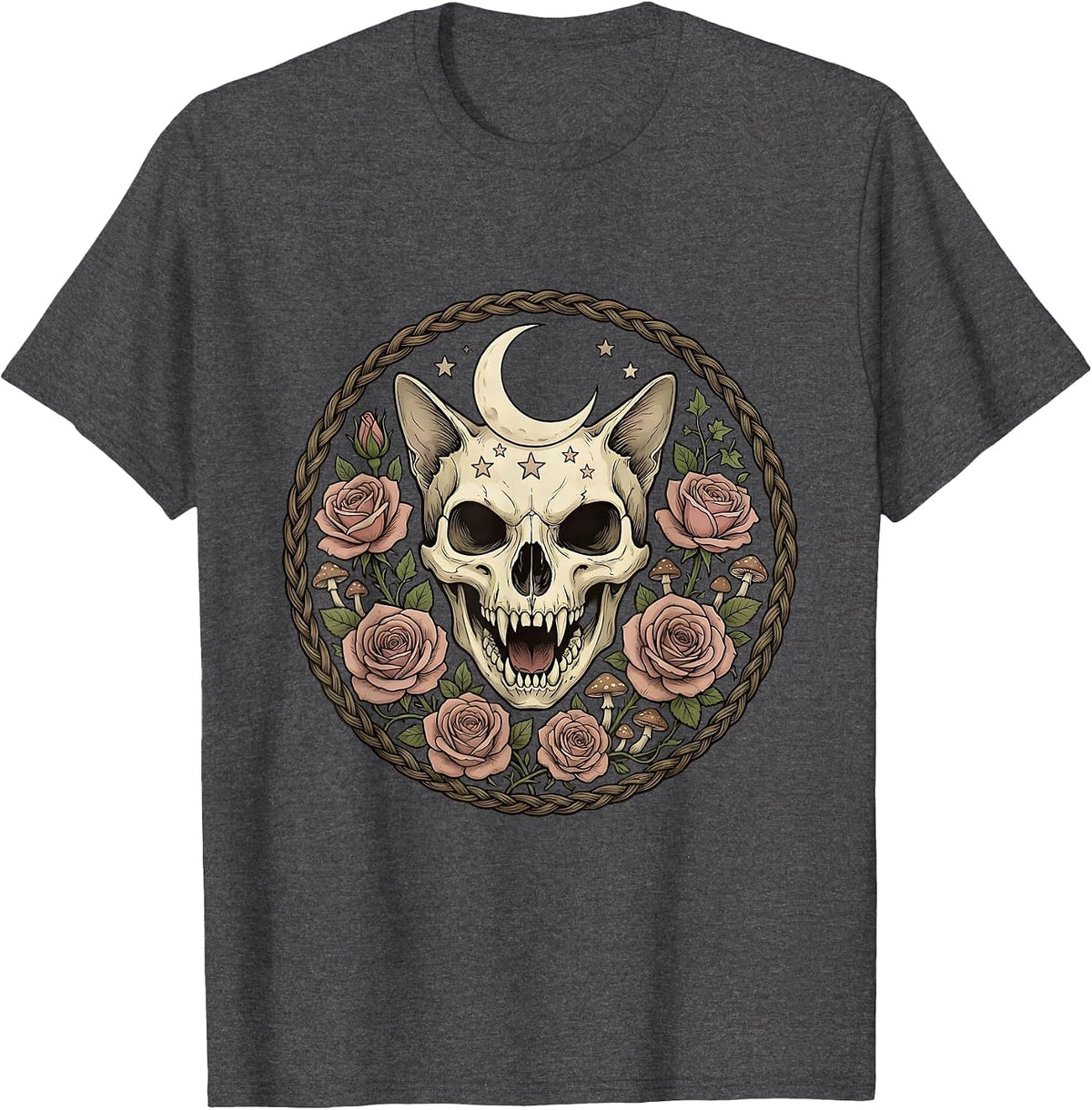 Men's Snarling Cat Skull With Roses Gothic Art T-Shirt - Dark Heather Grey
