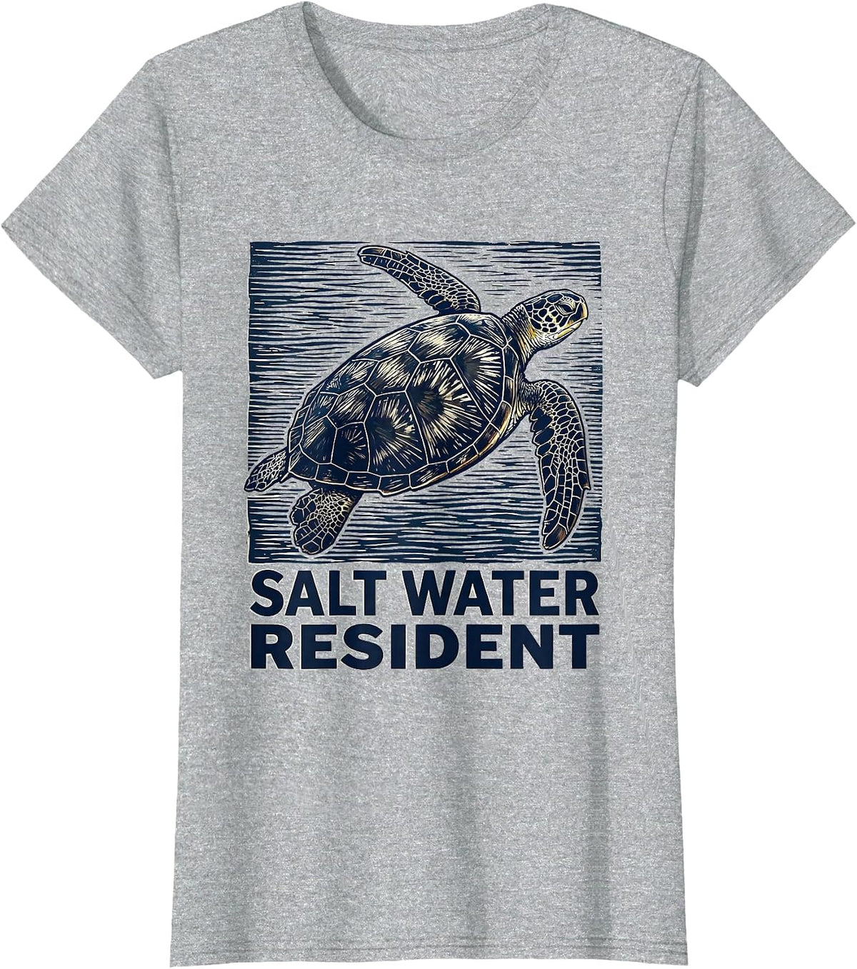 Women's Salt Water Resident Linocut Sea Turtle Tropical Vacation T-Shirt - Heather Grey
