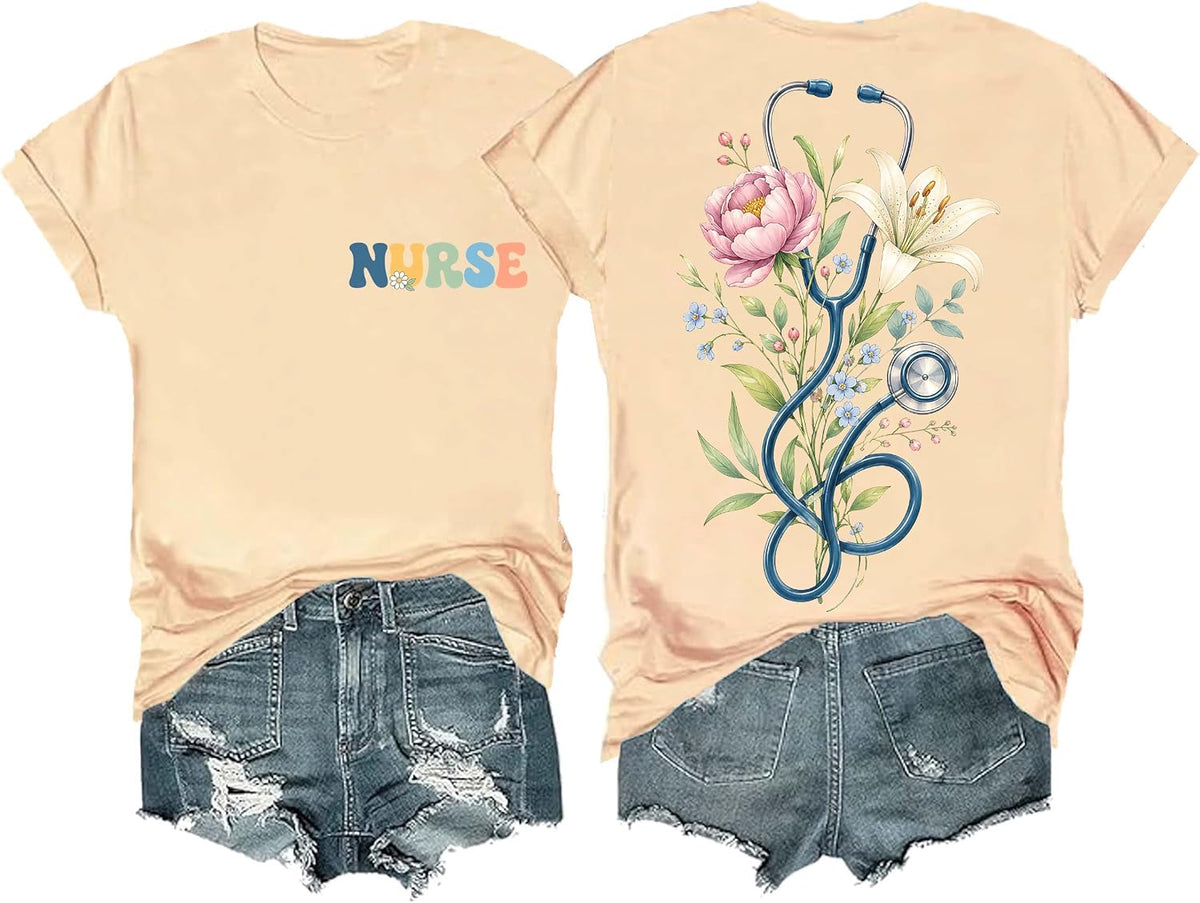 Nurse Shirts Women Nurse T-Shirt Funny Boho Floral Stethoscope Graphic Tees - Crew Neck Khaki