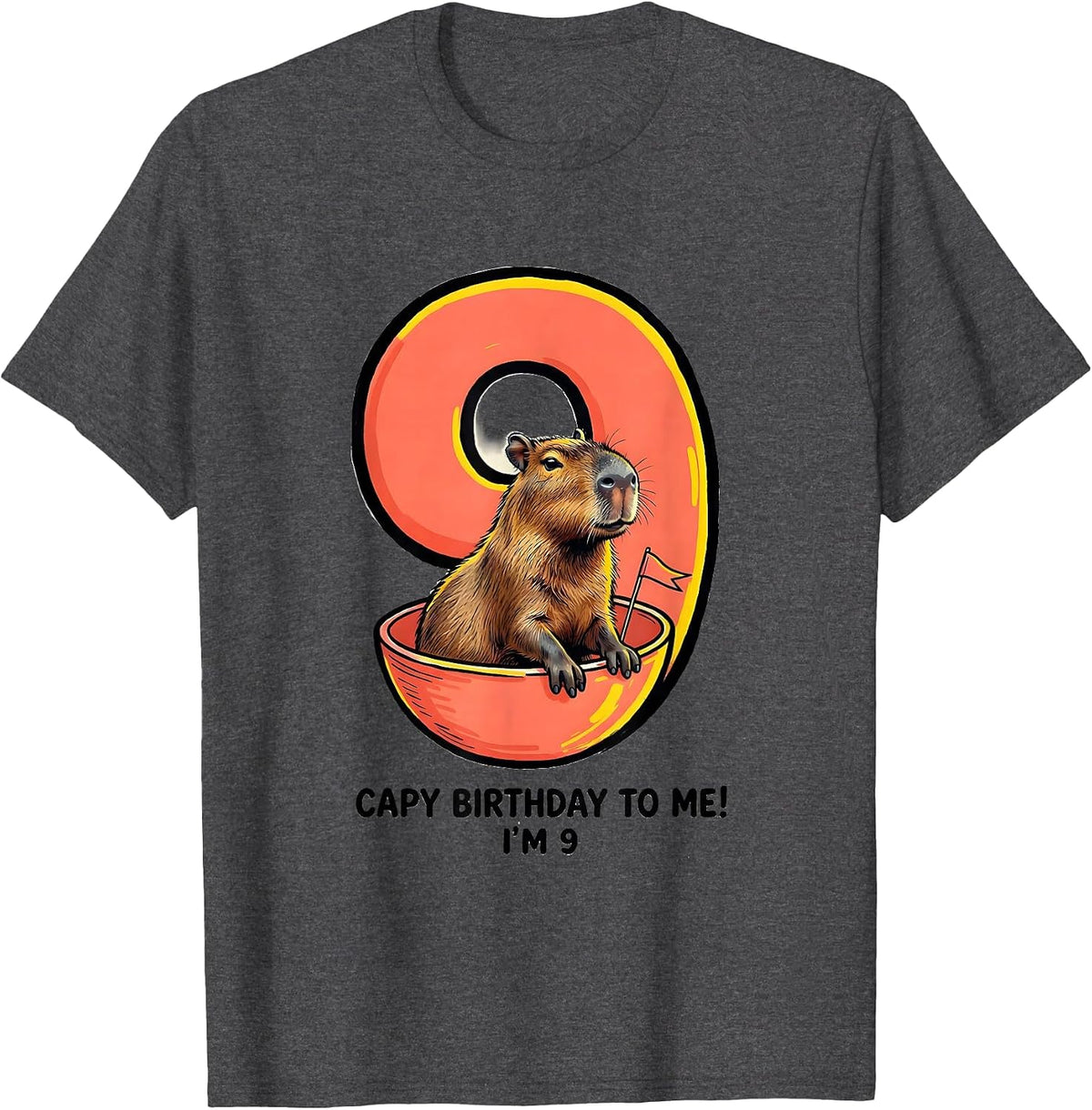 Capy Birthday To Me! I'm 9 Funny Kids Age Pun Capybara T-Shirt - Dark Heather Grey