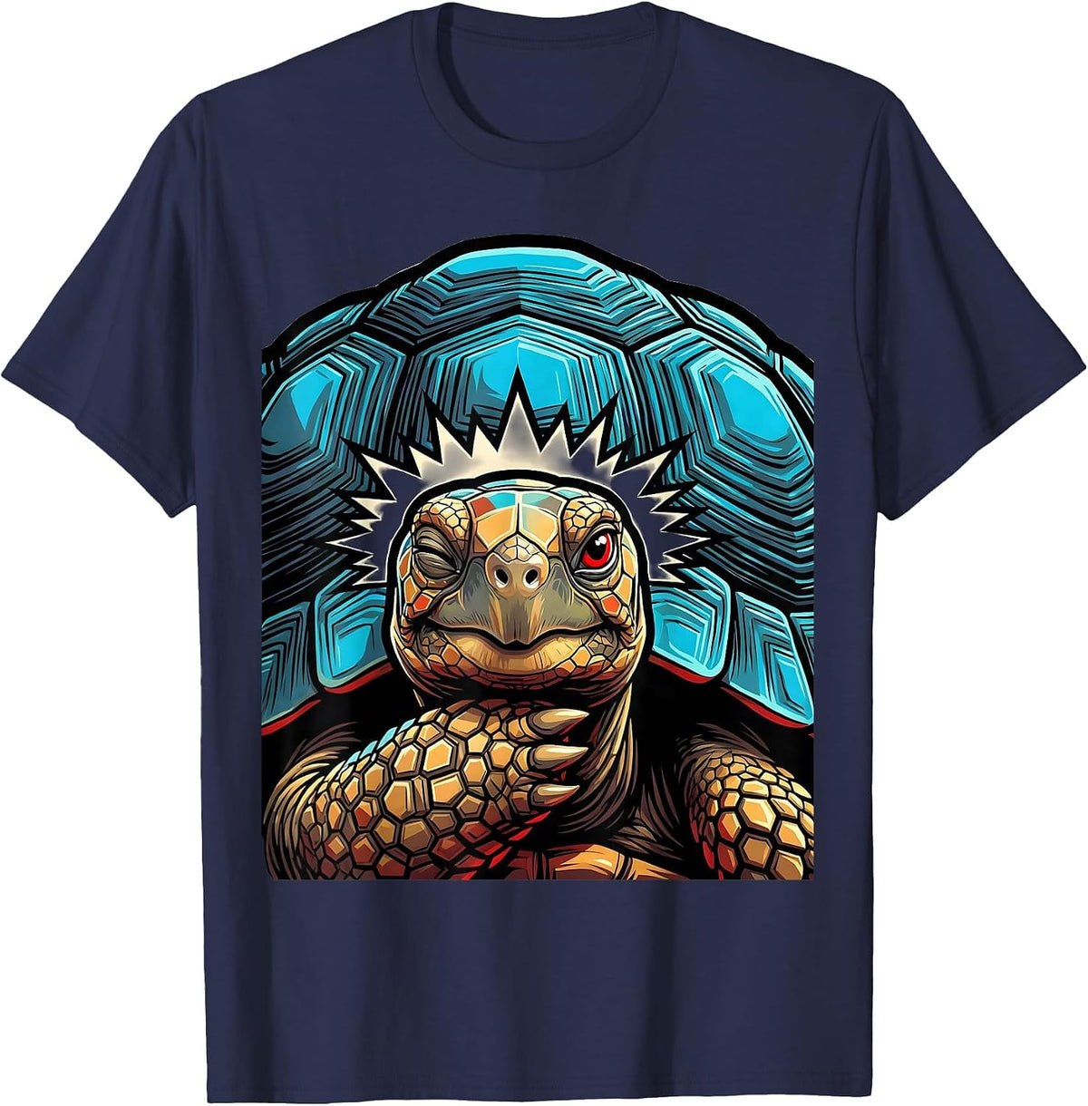 Men's Frontal Tortoise Portrait Pop Art Funny Turtle Lover T-Shirt - Navy Blue