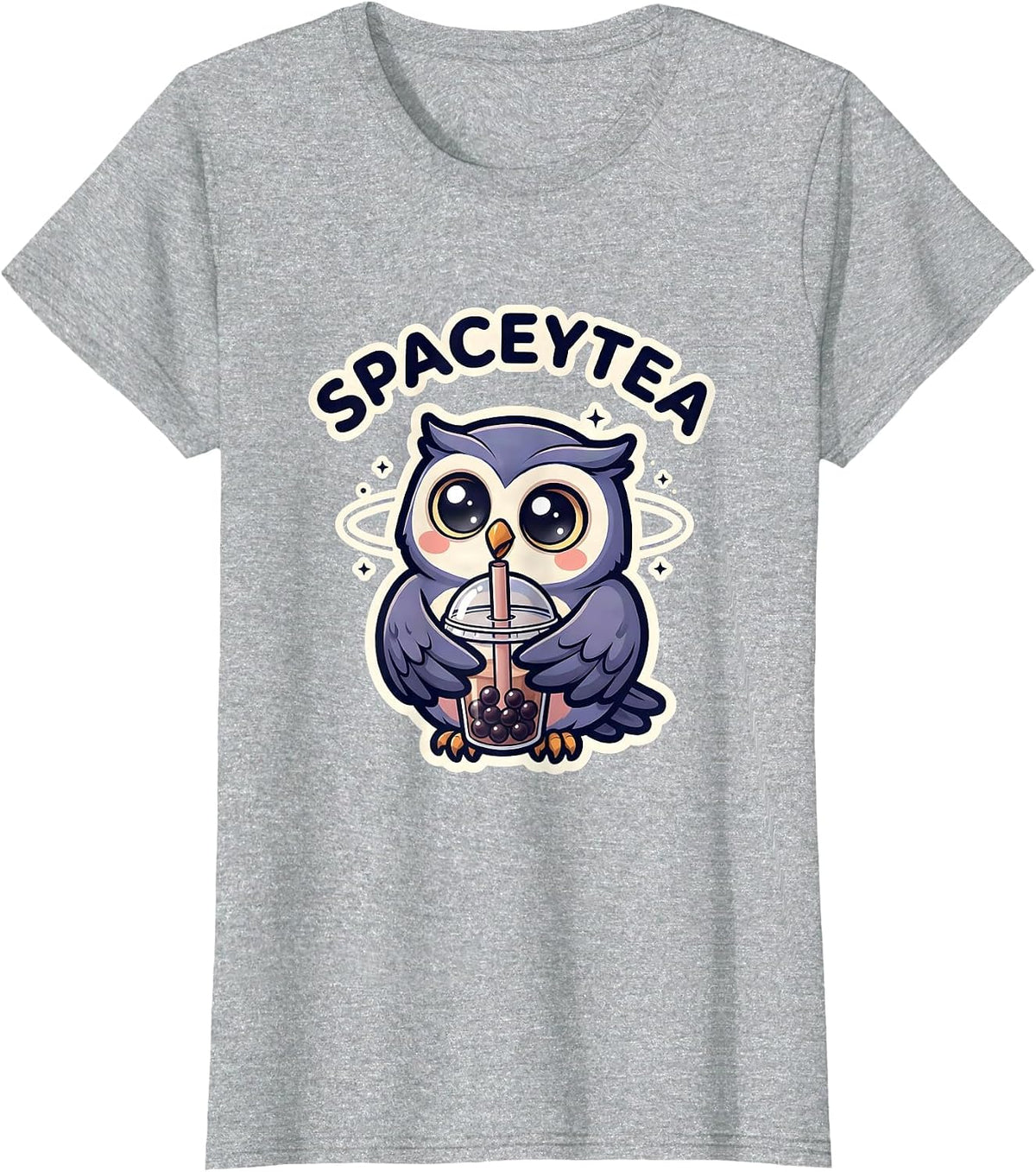 Women's Spaceytea Kawaii Anime Owl Boba Tea Lover Cute Chibi T-Shirt - Heather Grey