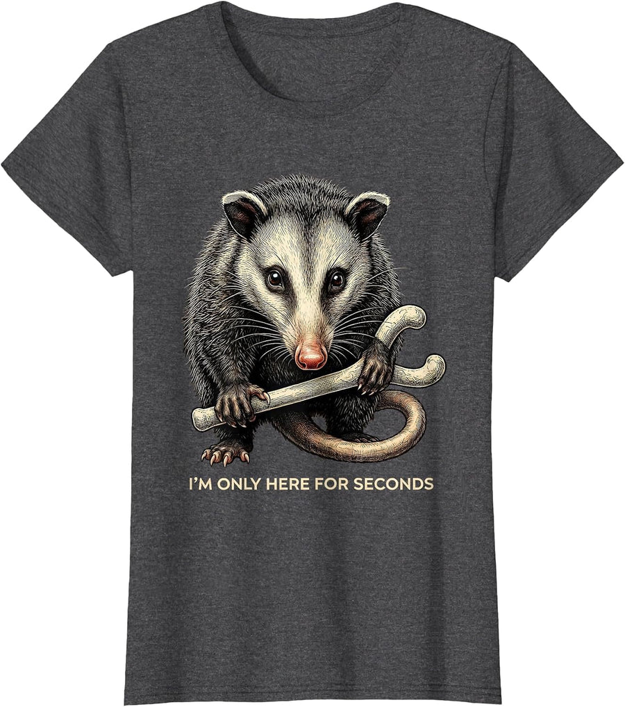 Women's I'm Only Here For Seconds Funny Opossum Thanksgiving T-Shirt - Dark Heather Grey