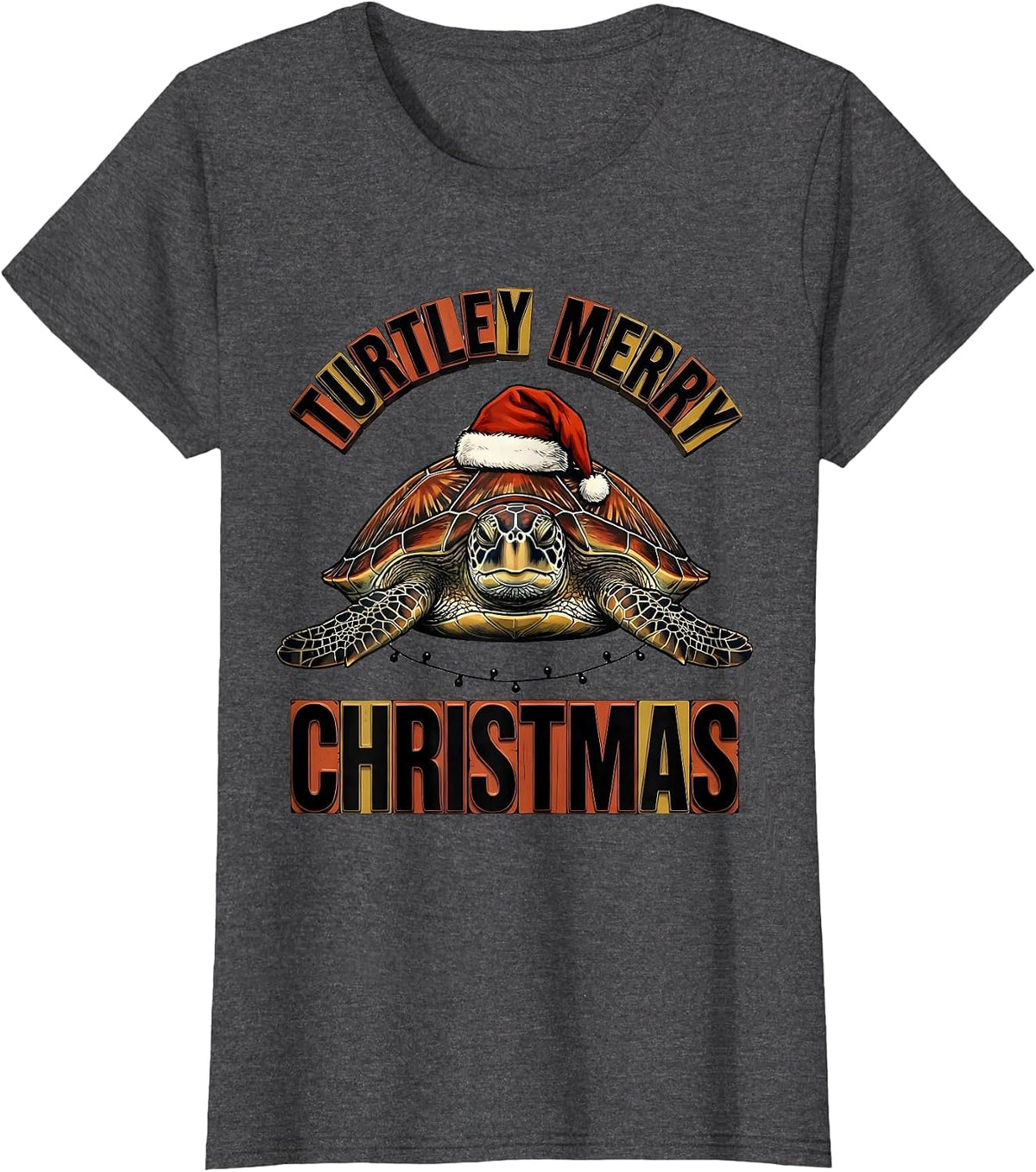 Women's Turtley Merry Christmas Wood Type Letterpress Sea Turtle T-Shirt - Dark Heather Grey