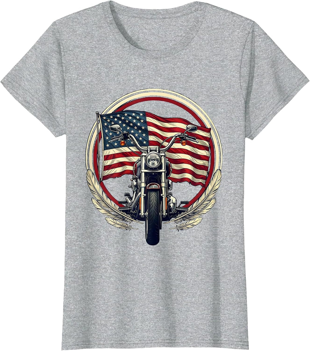 Vintage Motorcycle American Flag Patriotic Graphic T-Shirt - Heather Grey