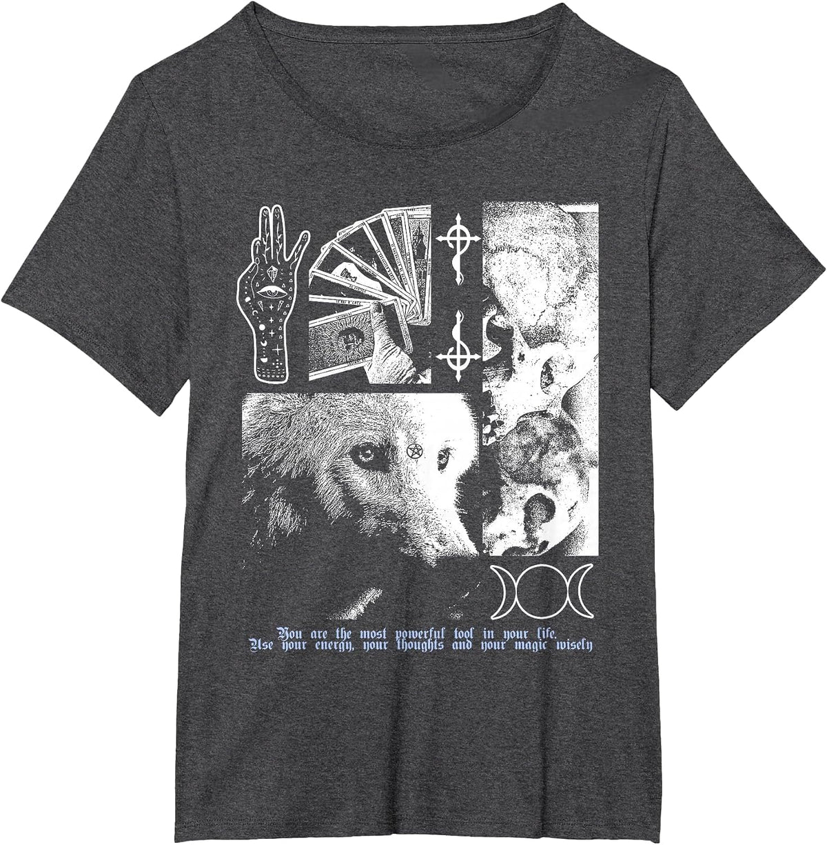Alternative Clothes Aesthetic Goth Women Magic Wolf Graphic T-Shirt - Dark Heather Grey