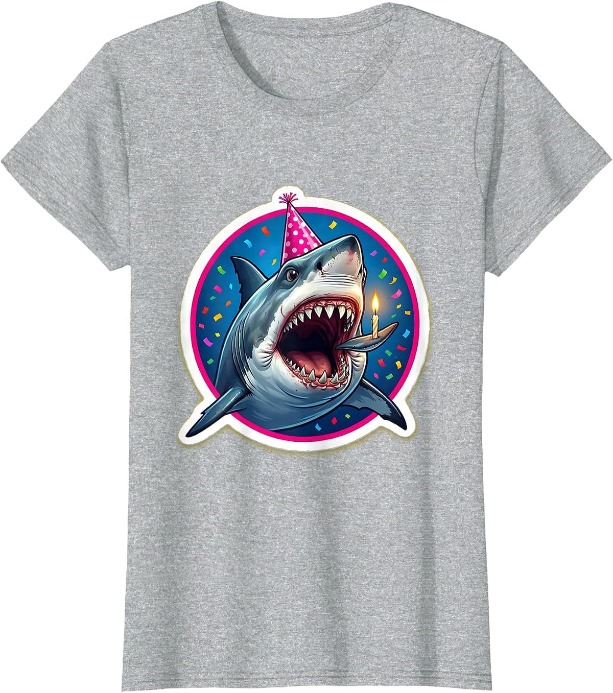 Funny Birthday Shark Blowing Out Candle T-Shirt - Heather Grey